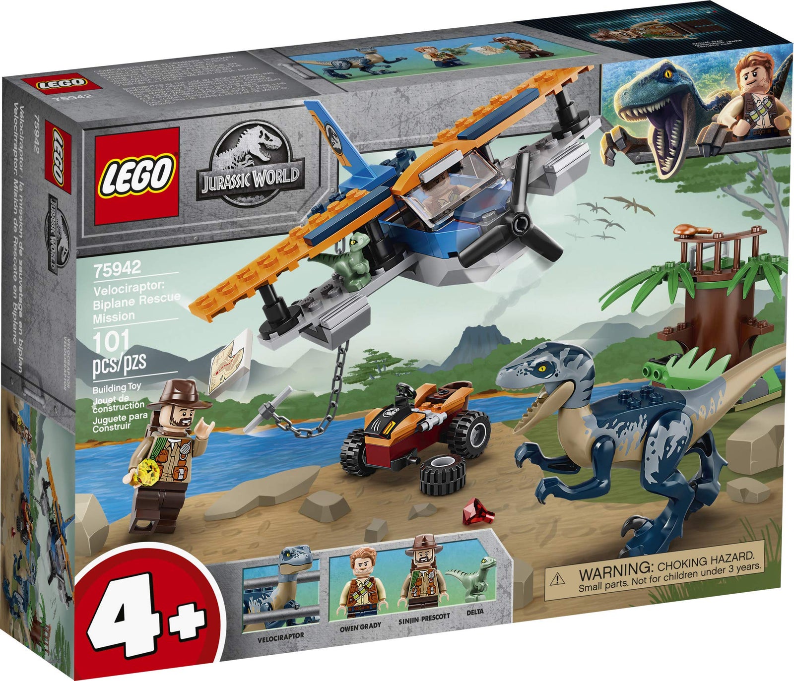 LEGO Jurassic World Velociraptor: Biplane Rescue Mission 75942, Dinosaur Toy for Preschool Kids, Featuring a Buildable Plane Toy, Posable Velociraptor, and Baby Raptor Delta (101 Pieces)