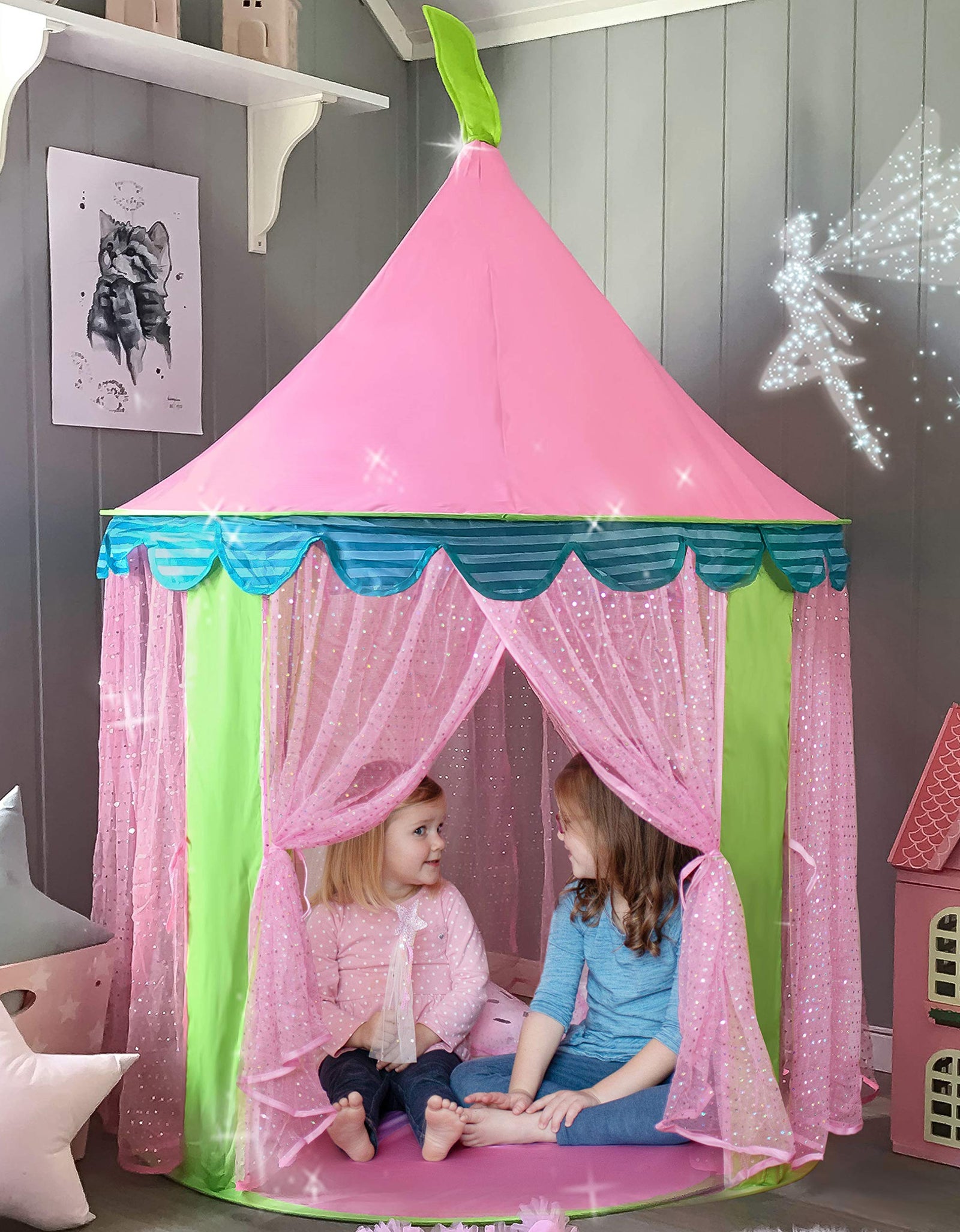 Tiny Land Princess Castle Play Tent With Glitter Dot, Pack in A Carrying Case, 2 Kids Foldable Pop Up Pink Play Tent/House Toy For Indoor and Outdoor Use, 41"Dx 55“H