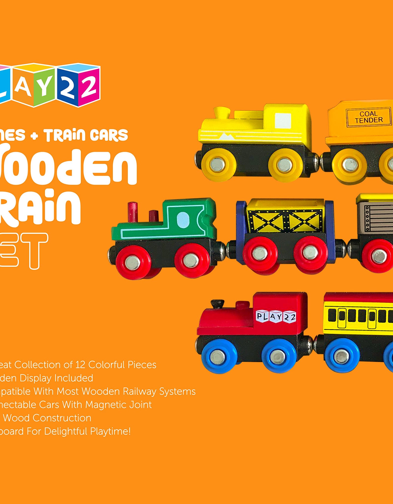 Play22 Wooden Train Set 12 PCS - Train Toys Magnetic Set Includes 3 Engines - Toy Train Sets For Kids Toddler Boys And Girls - Compatible With Thomas Train Set Tracks And Major Brands - Original