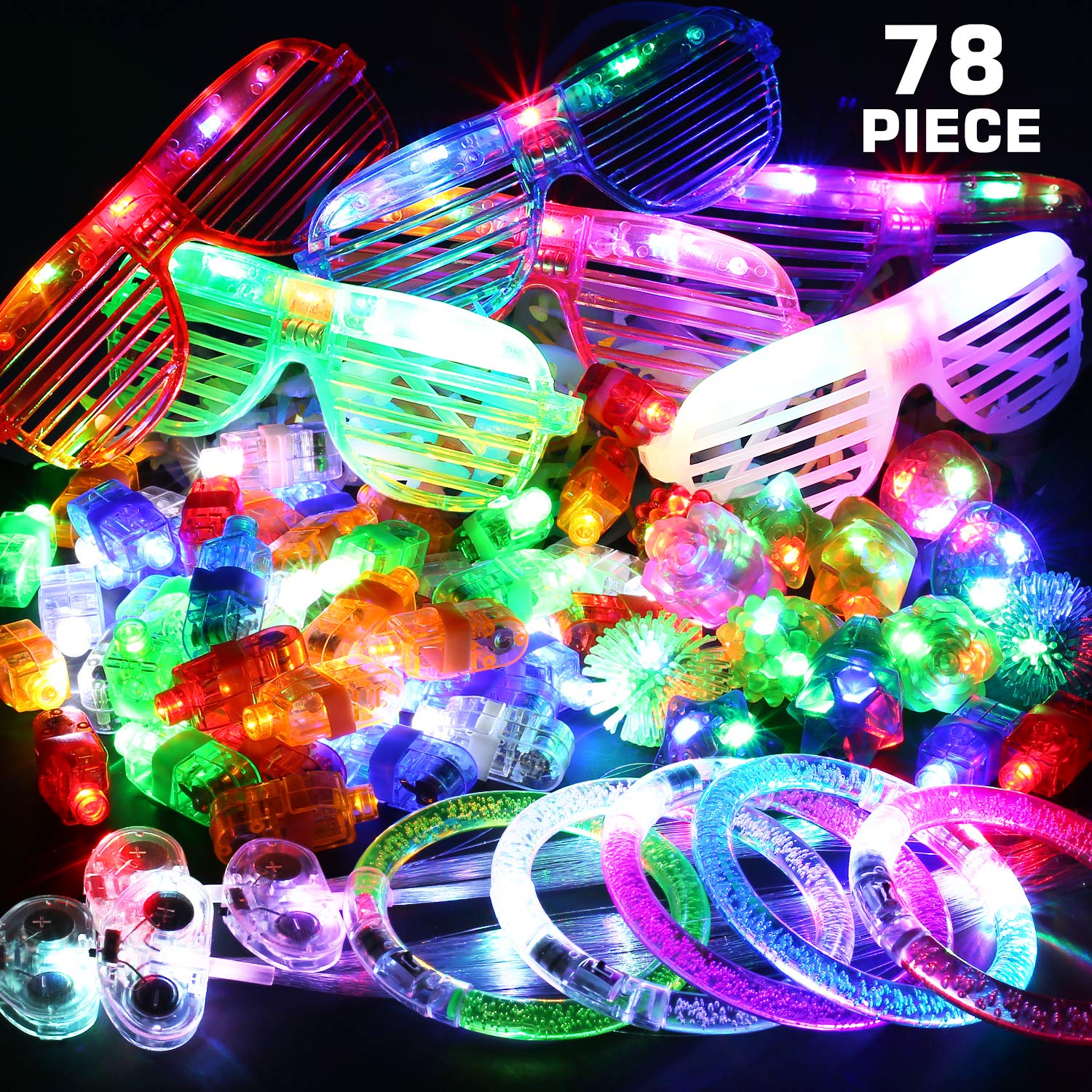 78PCs LED Light Up Toy Party Favors Glow In The Dark,Party Supplies Bulk For Adult Kids Birthday Halloween With 50 Finger Light, 12 Jelly Ring, 6 Flashing Glasses, 5 Bracelet, 5 Fiber Optic Hair Light