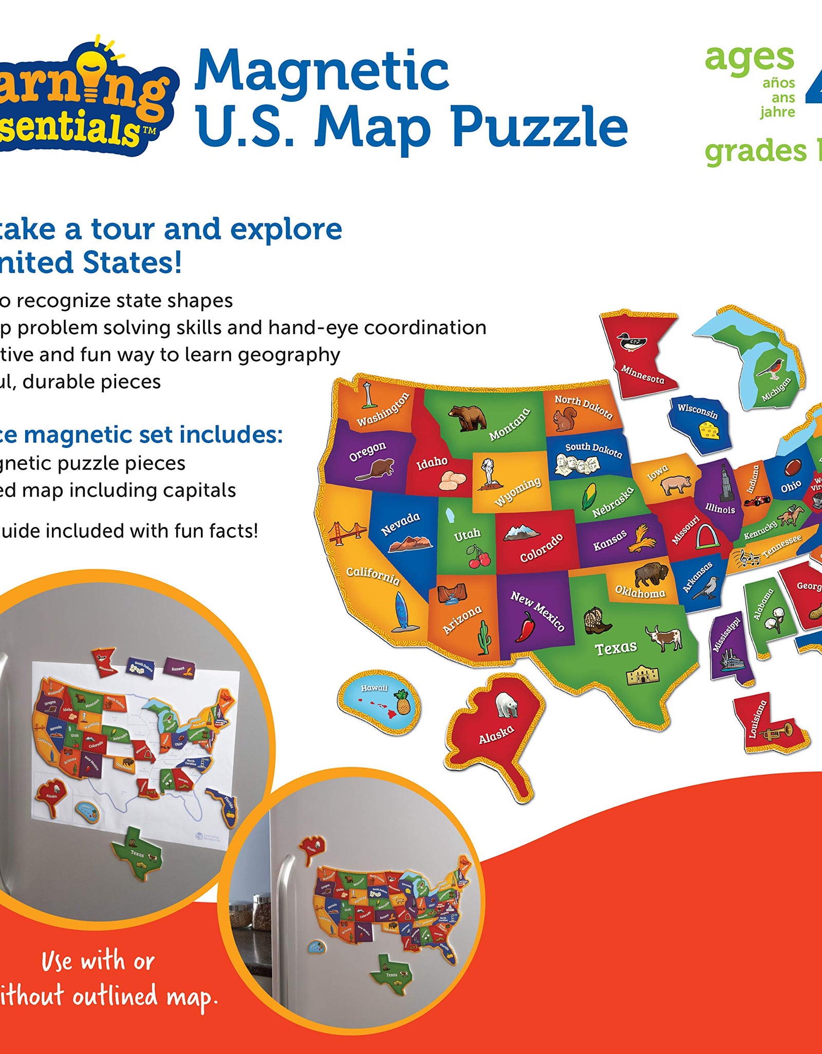 Learning Resources Magnetic U.S. Map Puzzle, Fun Geography for Kids, US Map, Develops Fine Motor Skills, 44 Pieces, Ages 4+