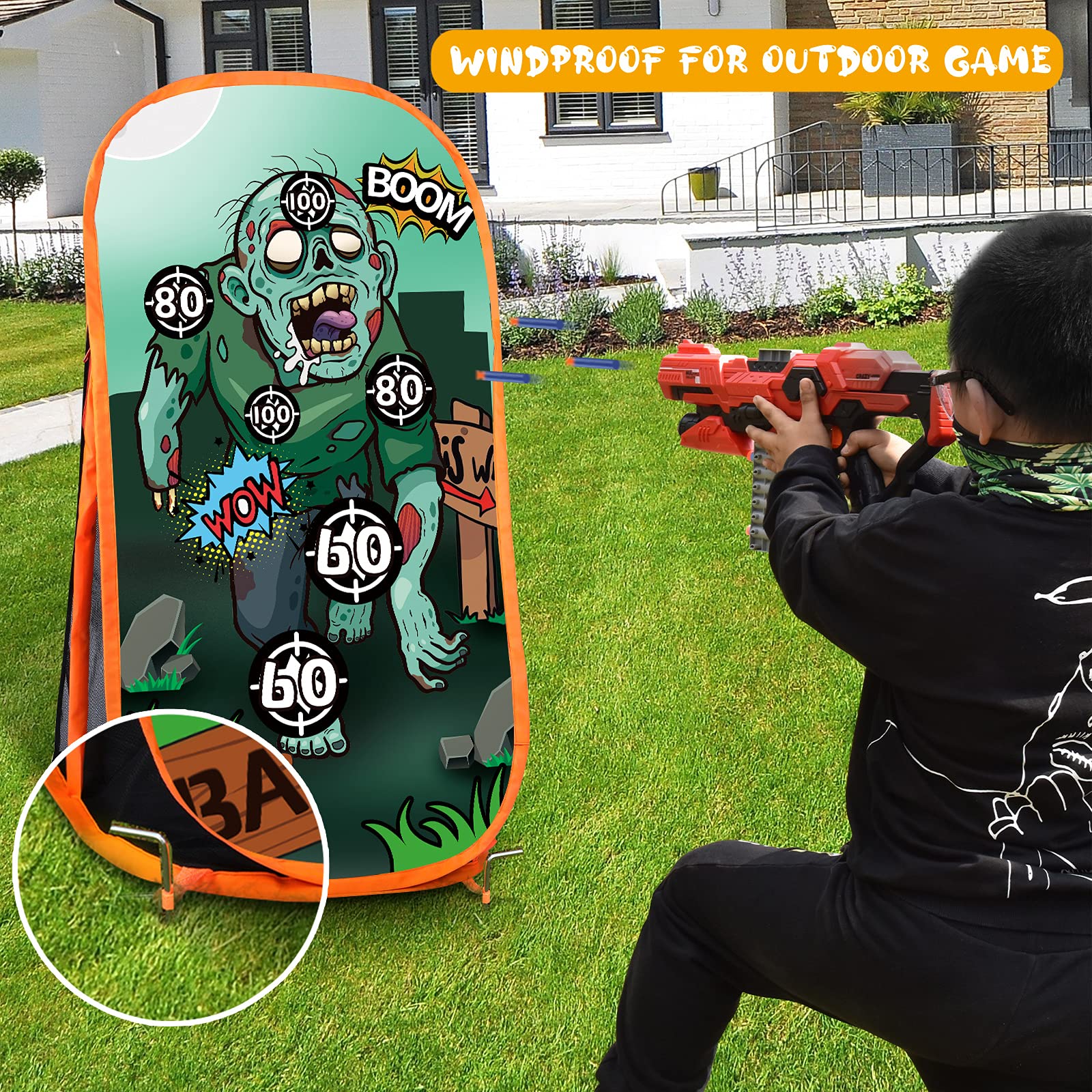 RONSTONE Shooting Practice Target Compatible with Nerf Gun for Boys Girls, Toy Foam Blaster Shooting Targets for Kids Indoor Outdoor, Zombie Shooting Target with Storage Net