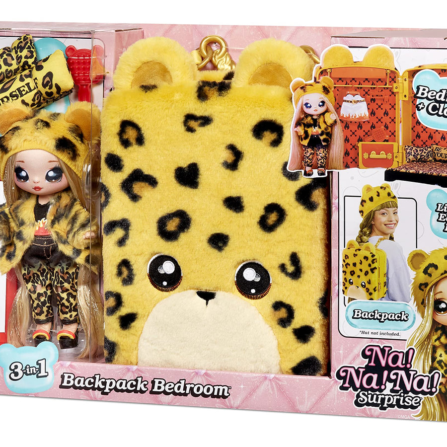 Na! Na! Na! Surprise 3-in-1 Backpack Bedroom Playset Jennel Jaguar Fashion Doll in Exclusive Outfit, Fuzzy Jaguar Bag, Closet with Pillows & Blanket Accessories, Gift for Kids, Ages 5 6 7 8+ Years