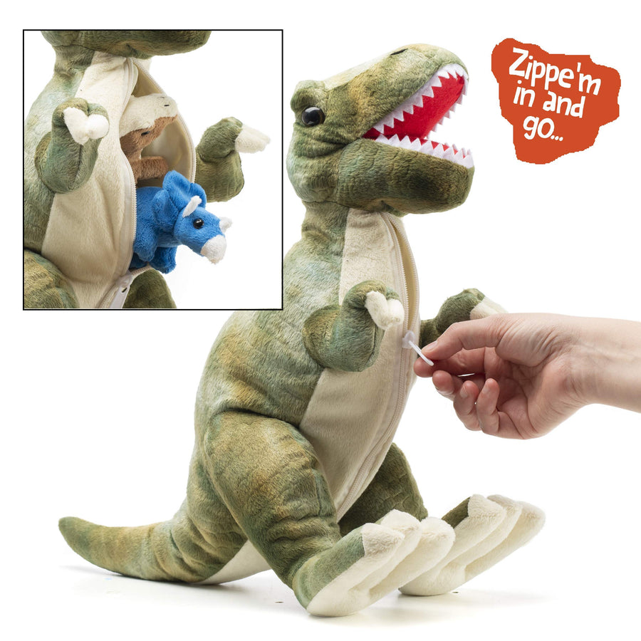 Prextex 15 inch Plush Dinosaur Stuffed Animal T-Rex Tummy Carrier with 5 Cute Little Hatchlings Inside its Zippered Tummy Great Set for Kids
