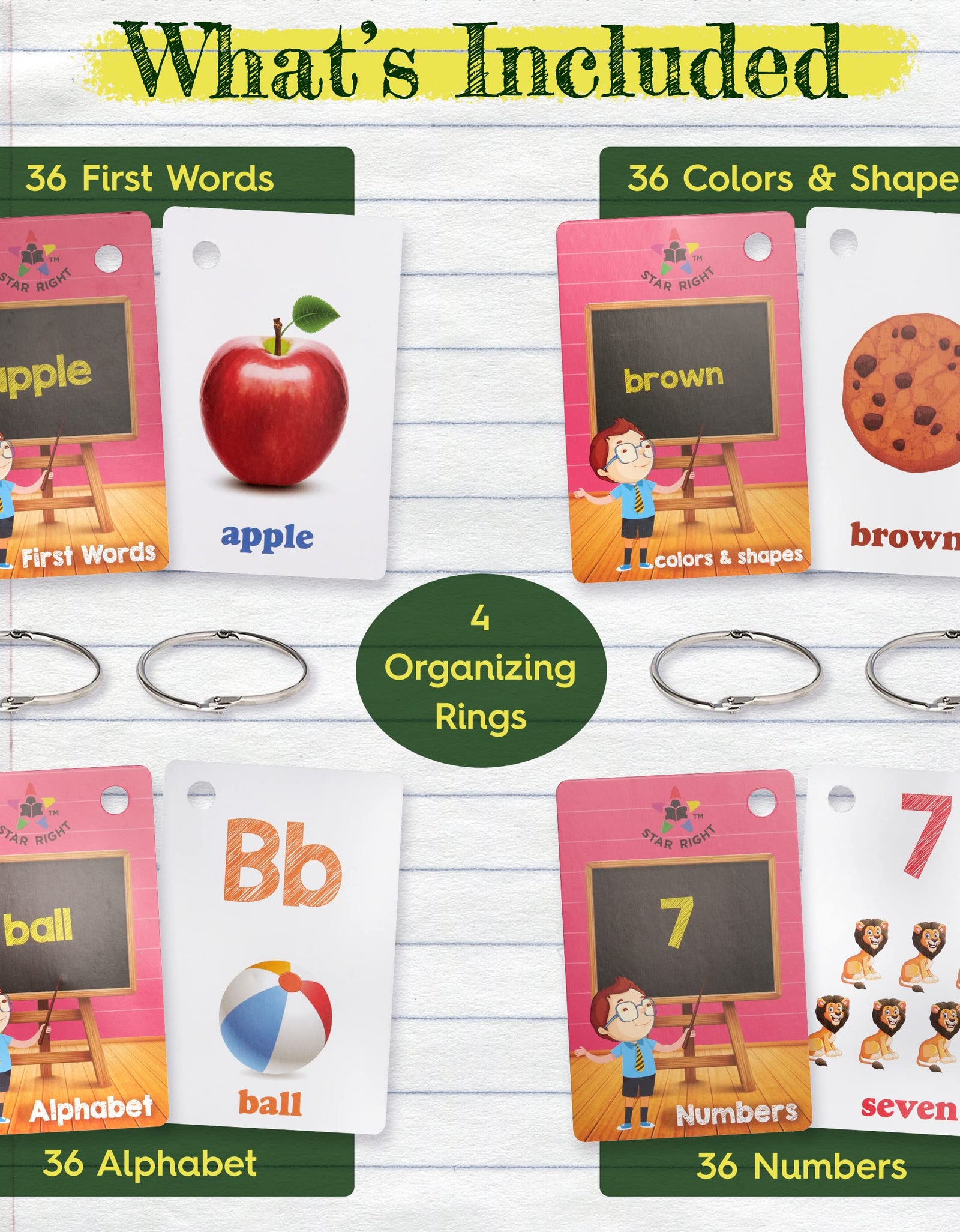 Star Right Numbers & Sight Words Flash Cards Set of 4 - Numbers, First Words, Colors, Shapes, and Alphabet Flashcards - 4 Binder Rings - 144 Sight Words Flash Cards Kindergarten & Toddlers 2-4 Years