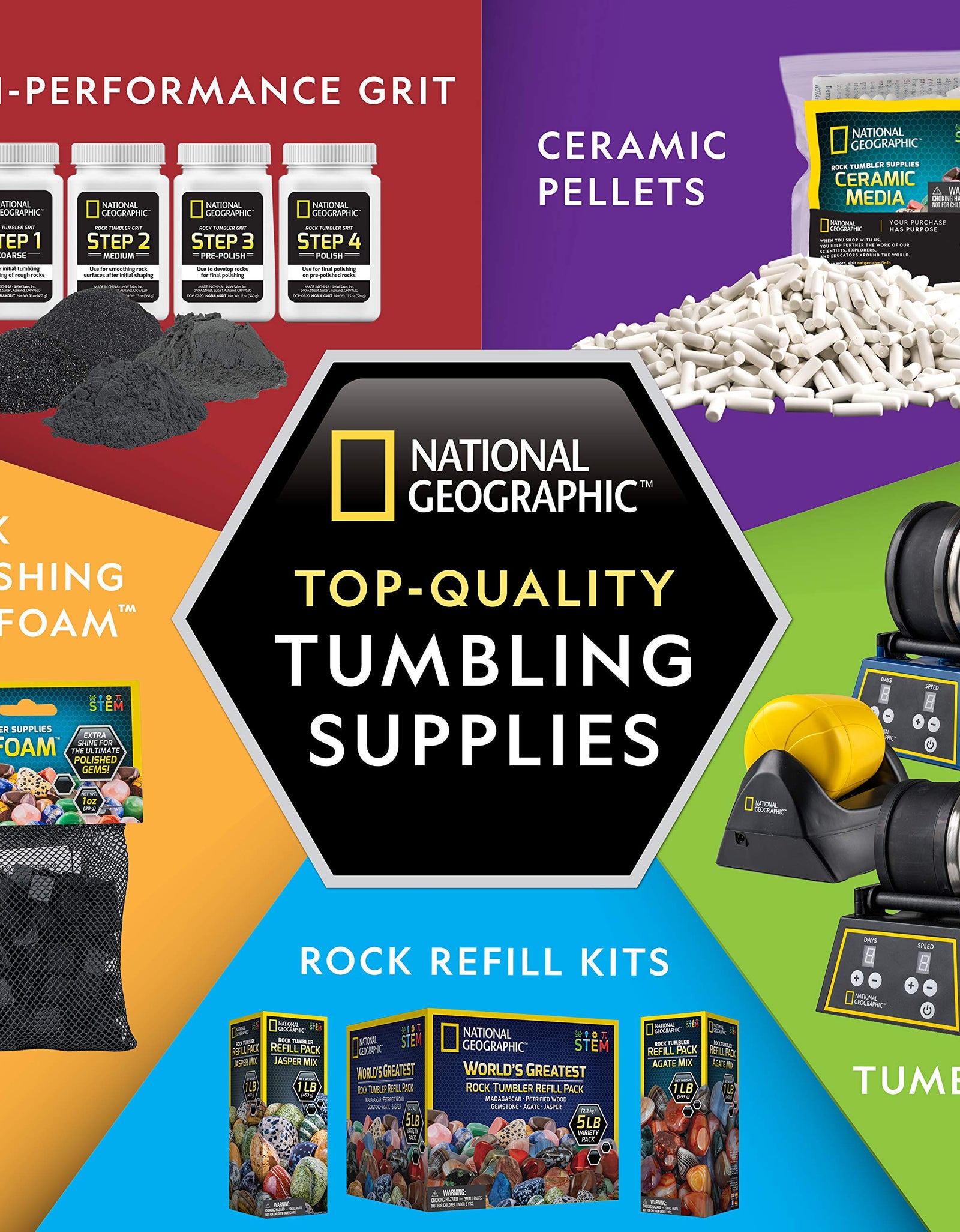 NATIONAL GEOGRAPHIC Rock Tumbler Refill Kit - Gemstone Mix of 9 varieties including Tiger's Eye, Amethyst and Quartz - Comes with 4 grades of Grit, Jewelry Fastenings and detailed Learning Guide