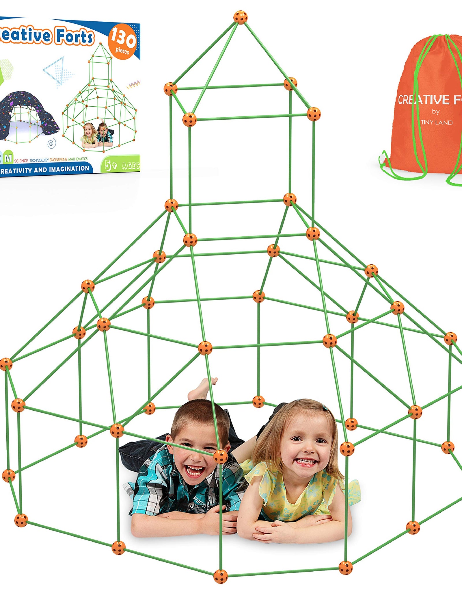 Kids-Fort-Building-Kit-130 Pieces-Creative Fort Toy for 5,6,7 Years Old Boy & Girls- Learning Toys DIY Building Castles Tunnels Play Tent Rocket Tower Indoor & Outdoor