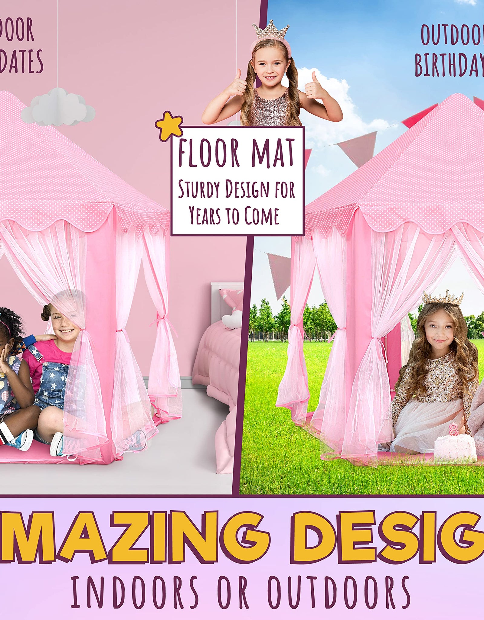 Orian Princess Castle Playhouse Tent for Girls with LED Star Lights – Indoor & Outdoor Large Kids Play Tent for Imaginative Games – ASTM Certified, Princess Tent, 230 Polyester Taffeta. Pink 55"x53".