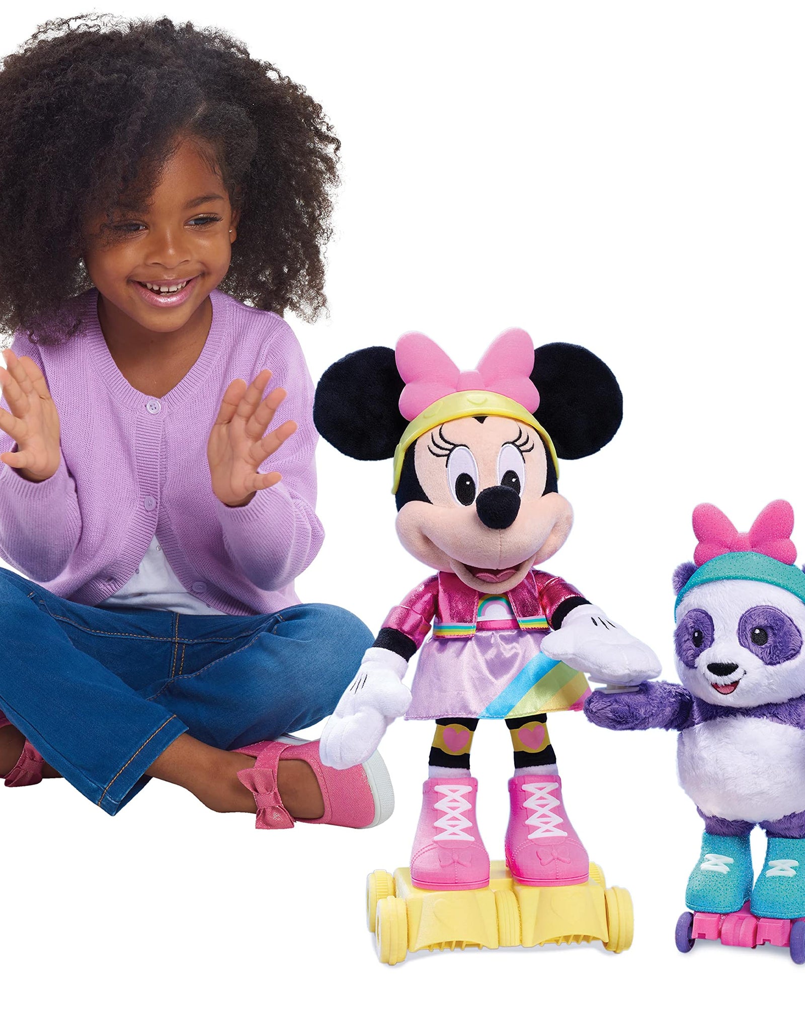 Disney Junior Minnie Mouse Roller-Skating Party Minnie Mouse, Interactive Light Up Feature Plush with Talking, Singing, and Moving, Includes a Roller-Skating Panda, by Just Play