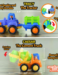 Educational Play Set for Kids Age 1, 2, 3 - Push & Pull Cars for Two Year Olds  - Storybook Toys for 2 Year Old Boy - Toys for 1 Year Old - Toddler Construction Friction Toy Trucks for 2 Yr Old Boys
