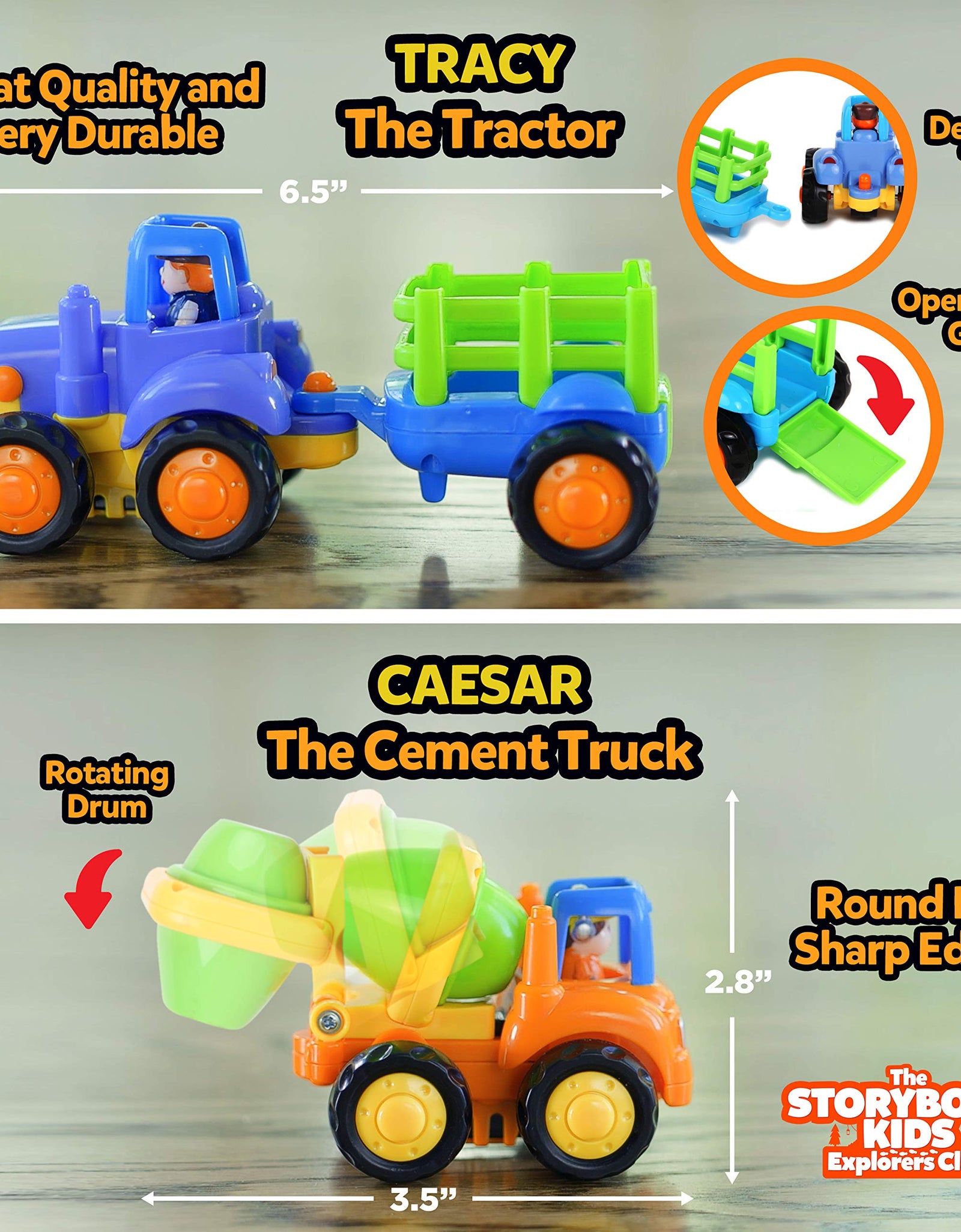 Educational Play Set for Kids Age 1, 2, 3 - Push & Pull Cars for Two Year Olds  - Storybook Toys for 2 Year Old Boy - Toys for 1 Year Old - Toddler Construction Friction Toy Trucks for 2 Yr Old Boys