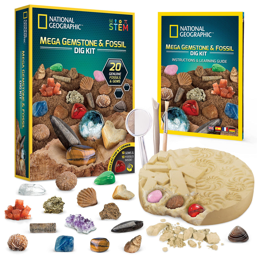 NATIONAL GEOGRAPHIC Mega Fossil and Gemstone Dig Kits - Excavate 20 Real Fossils and Gems, Great STEM Science Gift for Mineralogy and Geology Enthusiasts of Any Age