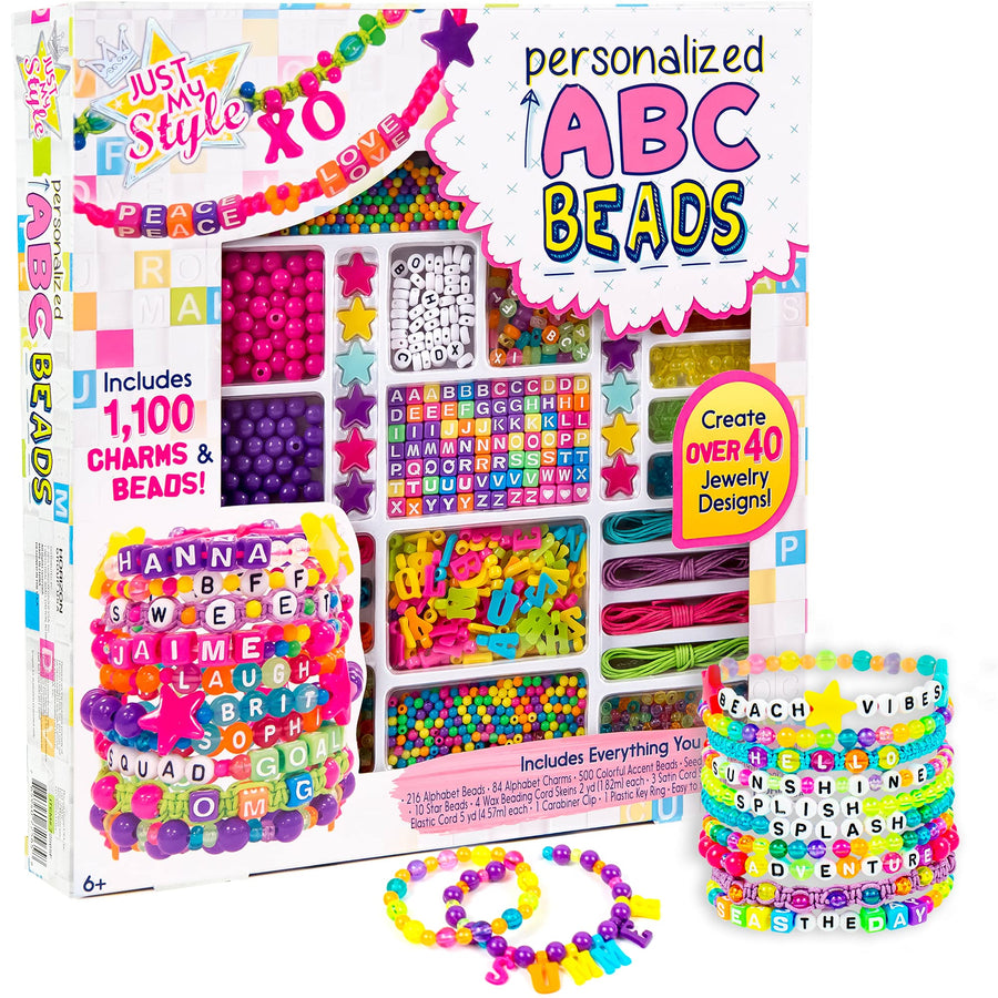 Just My Style ABC Beads by Horizon Group Usa, 1000+ Charms & Beads, Alphabet Charms, Accent Beads, Seed Beads, Star Beads, Wax Beading Cord, Satin Cord & Key Ring Included, Bright