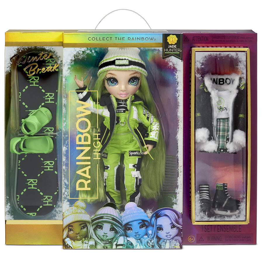 Rainbow High Winter Break Jade Hunter – Green Fashion Doll and Playset with 2 Designer Outfits, Snowboard and Accessories, Gift for Kids and Collectors, Toys for Kids Ages 6 7 8+ to 12 Years Old