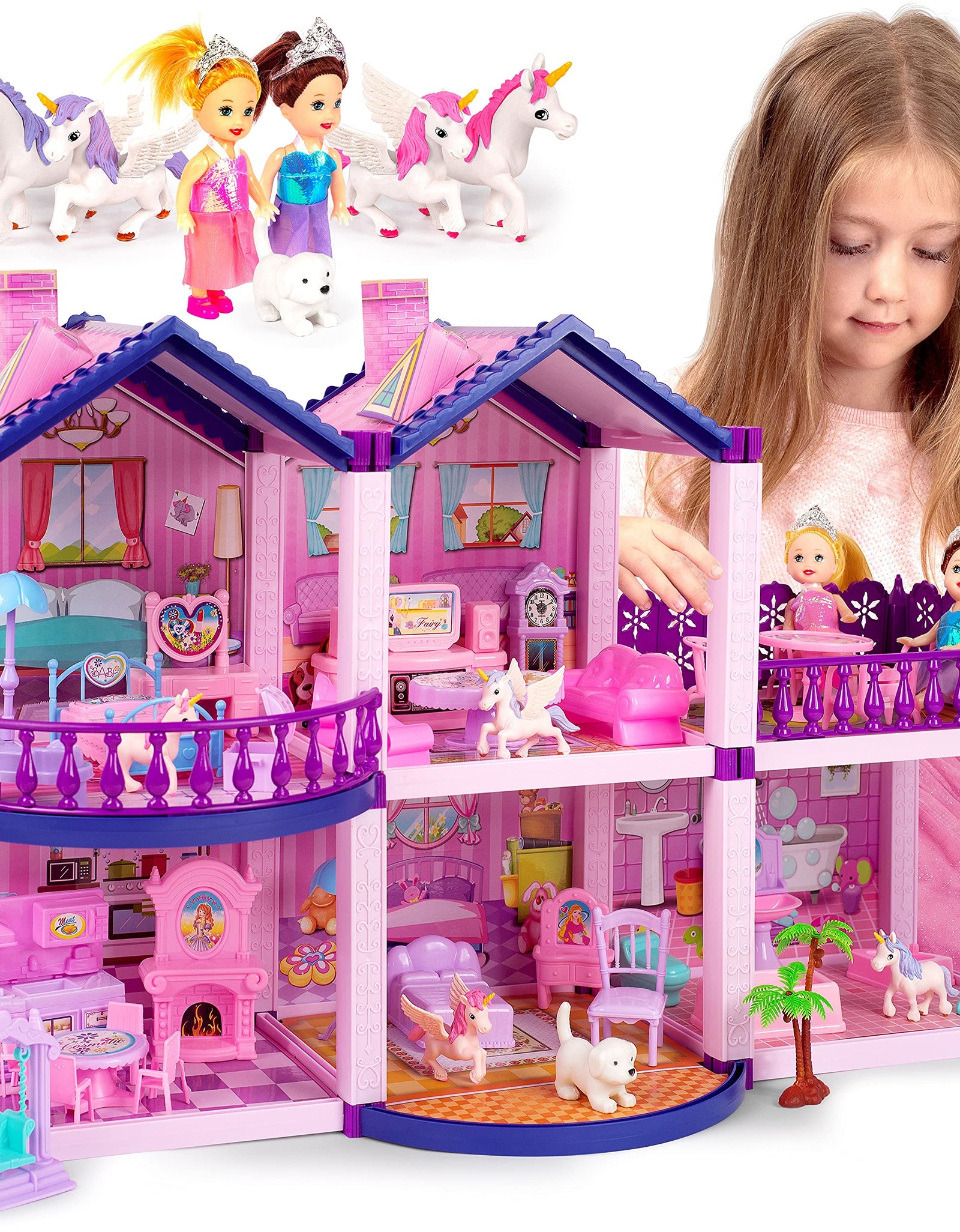 Dollhouse w/ 2 Princesses, 4 Unicorns and Dog Dolls - Pink / Purple Dream House Toy for Little Girls - 4 Rooms w/ Garden - Pretend Play for Toddlers w/ Furniture and Accessories - Girls Ages 3 - 6