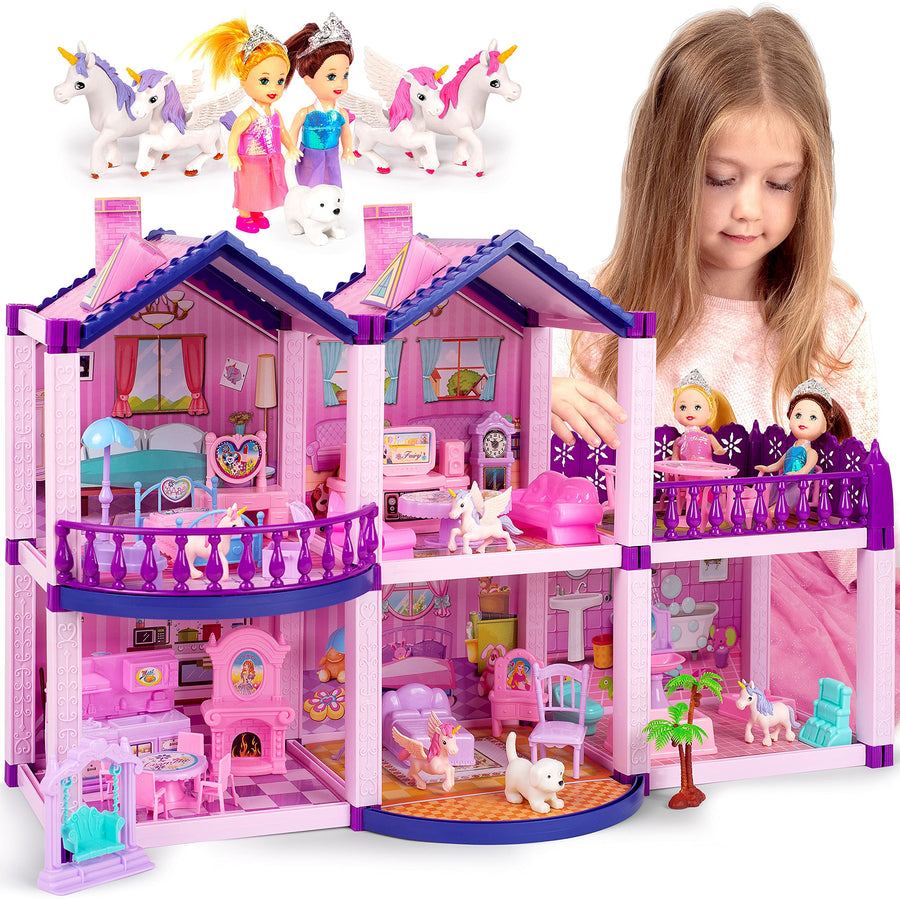Dollhouse w/ 2 Princesses, 4 Unicorns and Dog Dolls - Pink / Purple Dream House Toy for Little Girls - 4 Rooms w/ Garden - Pretend Play for Toddlers w/ Furniture and Accessories - Girls Ages 3 - 6