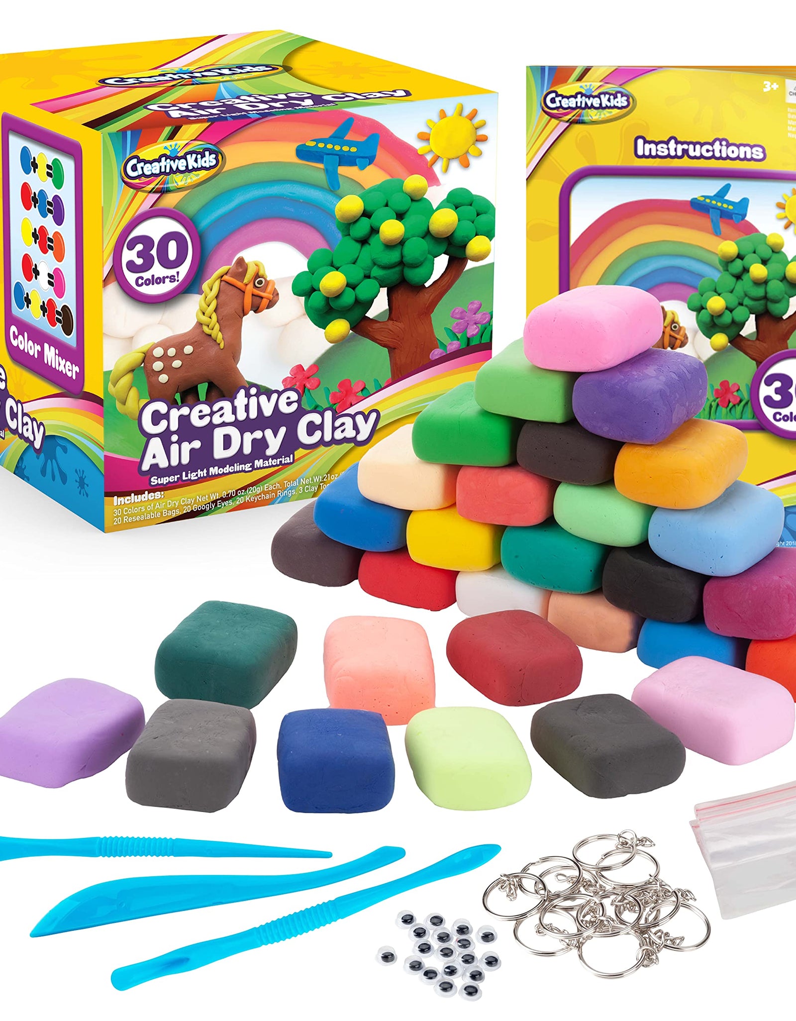 Creative Kids Air Dry Clay Modeling Crafts Kit For Children - Super Light Nontoxic - 30 Vibrant Colors & 3 Clay Tools - STEM Educational DIY Molding Set - Easy Instructions – Gift For Boys & Girls 4 +