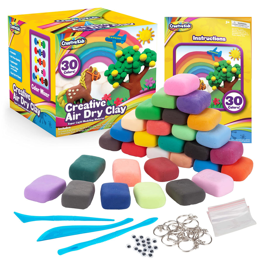 Creative Kids Air Dry Clay Modeling Crafts Kit For Children - Super Light Nontoxic - 30 Vibrant Colors & 3 Clay Tools - STEM Educational DIY Molding Set - Easy Instructions – Gift For Boys & Girls 4 +