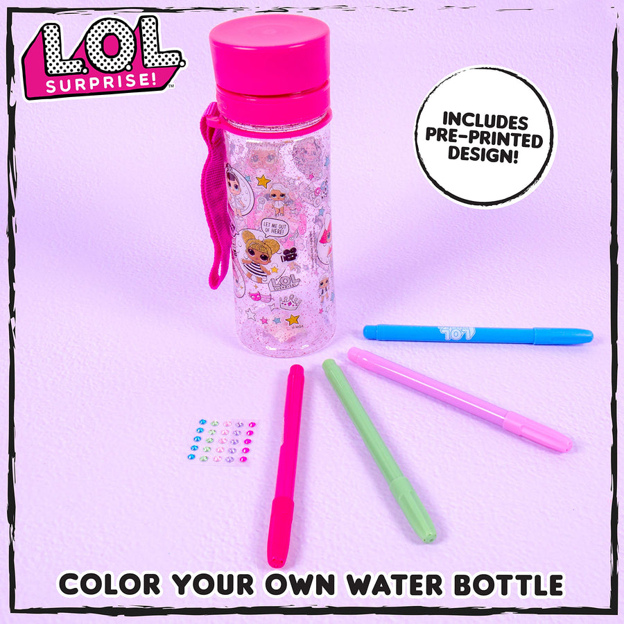 L.O.L. Surprise Color Your Own Water Bottle By Horizon Group Usa,DIY Bottle Coloring Craft Kit, BPA Free, Decorate Your Glitter Water Bottle With Colorful Markers & Gemstones, Multi Colored