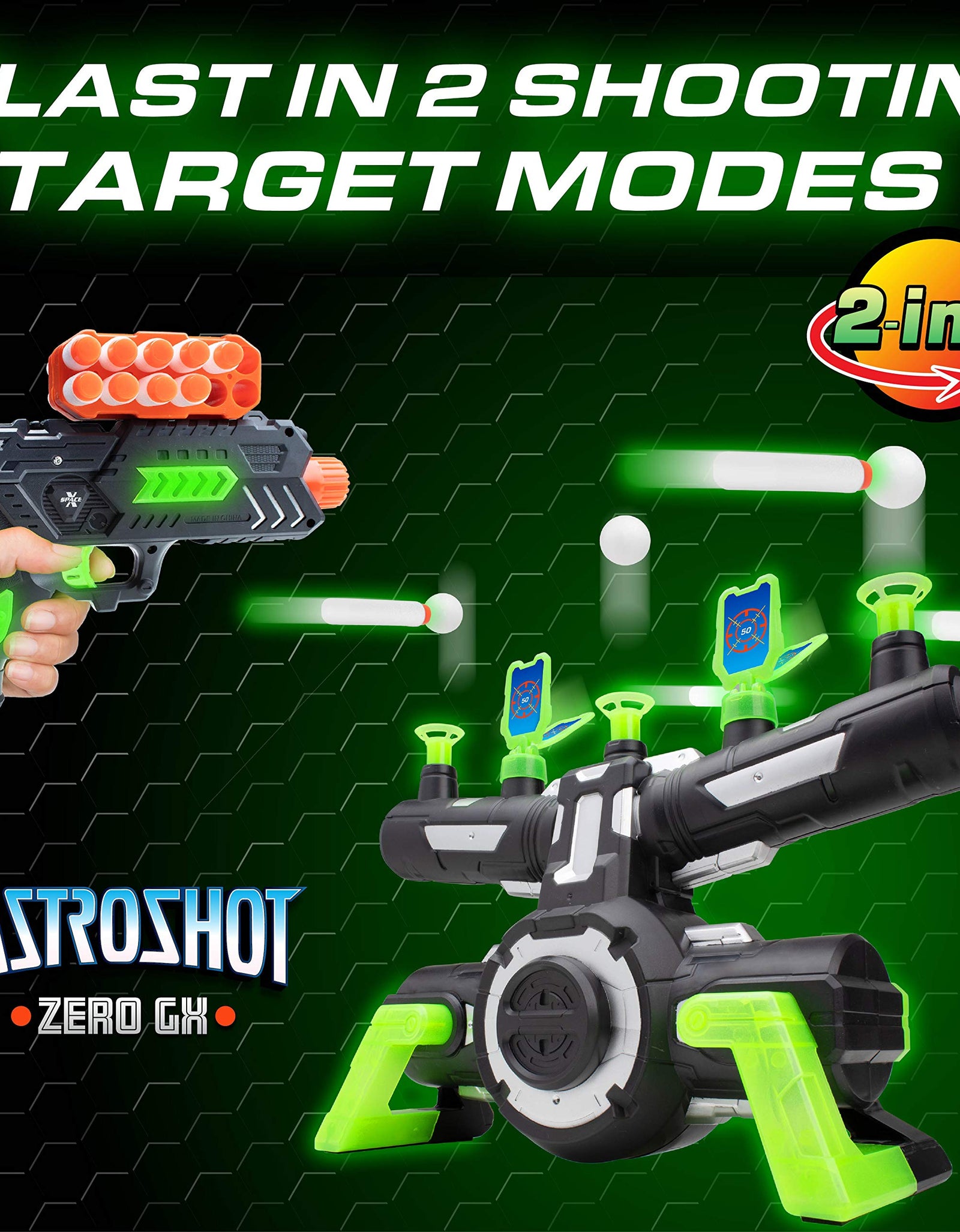 USA Toyz Astroshot Zero GX Glow in The Dark Shooting Games for Kids - Nerf Compatible Floating Ball Targets for Shooting with 1 Foam Blaster Toy Gun, 10 Floating Ball Targets, and 5 Flip Targets