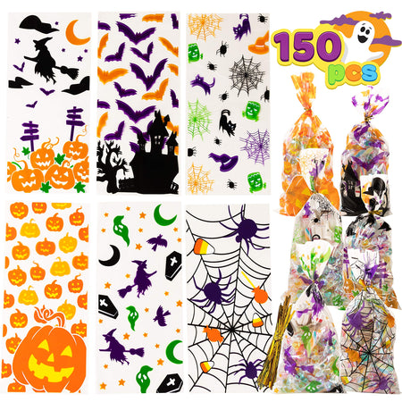 JOYIN 150 PCS Halloween Cellophane Clear Treat Bags Candy Bags with Twist Ties for Halloween Party Favors Supplies