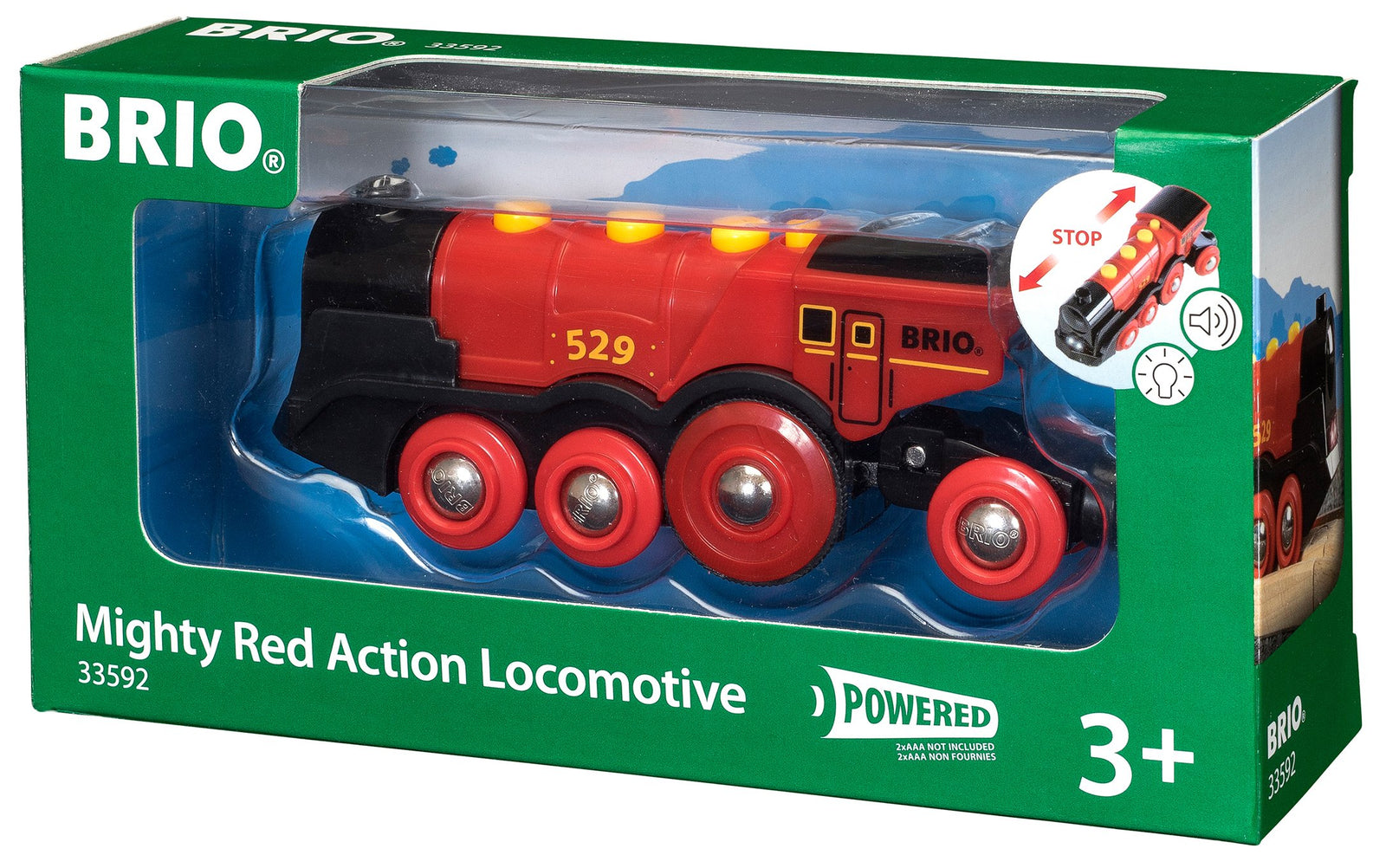 BRIO World 33592 Mighty Red Action Locomotive | Battery Operated Toy Train With Light and Sound Effects for Kids Age 3 and Up