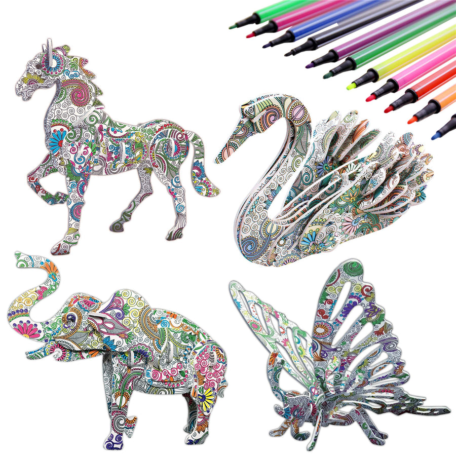 KAZOKU 3D Coloring Puzzle Set,4 Animals Puzzles with 12 Pen Markers, Art Coloring Painting 3D Puzzle for Kids Age 7 8 9 10 11 12. Fun Creative DIY Toys Gift for Girls and Boy