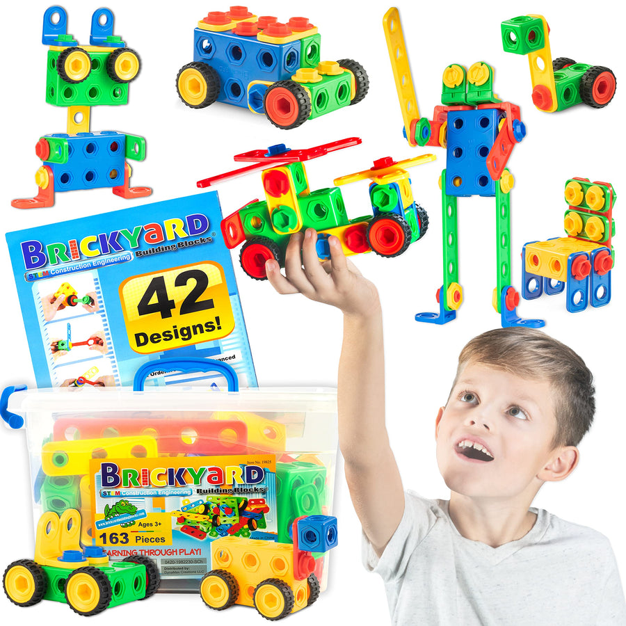Brickyard Building Blocks STEM Toys & Activities - Educational Building Toys for Kids Ages 4-8 w/ 163 Pieces, Kid-Friendly Tools, Design Guide and Toy Storage Box