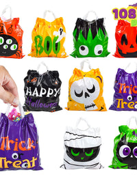 JOYIN 108 Pcs Halloween Drawstring Treat Bags with 9 Character Designs, Mini Halloween Goodie Gift Bags, Trick or Treat Candy Bags for Halloween Party Favor
