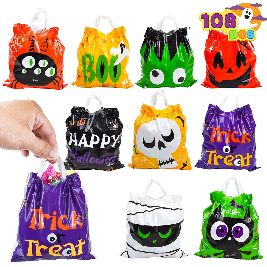 JOYIN 108 Pcs Halloween Drawstring Treat Bags with 9 Character Designs, Mini Halloween Goodie Gift Bags, Trick or Treat Candy Bags for Halloween Party Favor