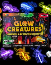 JOYIN 120 Pcs Halloween Light Up Glow Stick Bugs Set with 24 Animals, 24 Rings in 4 Styles, 24 Strings and 48 Glow Sticks for Halloween Trick or Treat Glow in the Dark Party Favors, Goodie Bag Fillers
