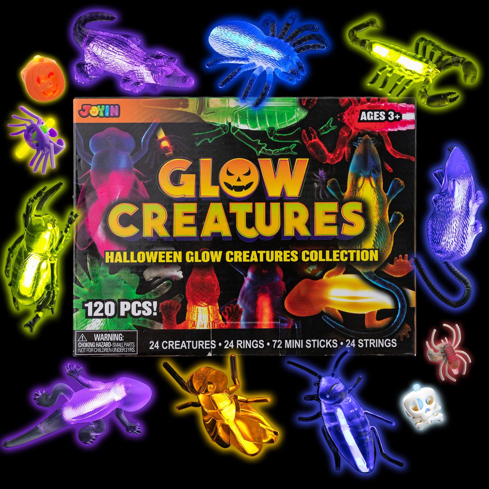 JOYIN 120 Pcs Halloween Light Up Glow Stick Bugs Set with 24 Animals, 24 Rings in 4 Styles, 24 Strings and 48 Glow Sticks for Halloween Trick or Treat Glow in the Dark Party Favors, Goodie Bag Fillers