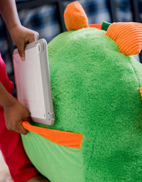 Soft Landing | Nesting Nooks | Premium Character Backrest with Carrying Handle & Back Pocket – Plush Dinosaur Backrest Green/Orange 14" x 26" x 16"
