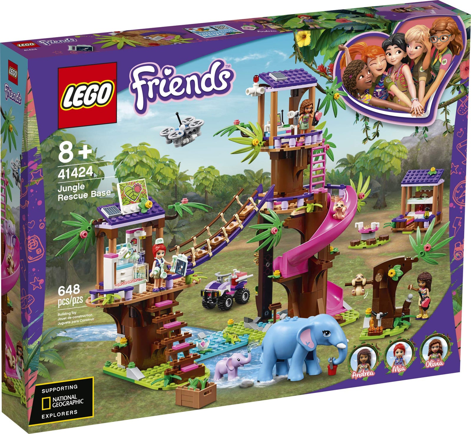 LEGO Friends Jungle Rescue Base 41424 Building Toy for Kids, Animal Rescue Kit That Includes a Jungle Tree House and 2 Elephant Figures for Adventure Fun (648 Pieces)