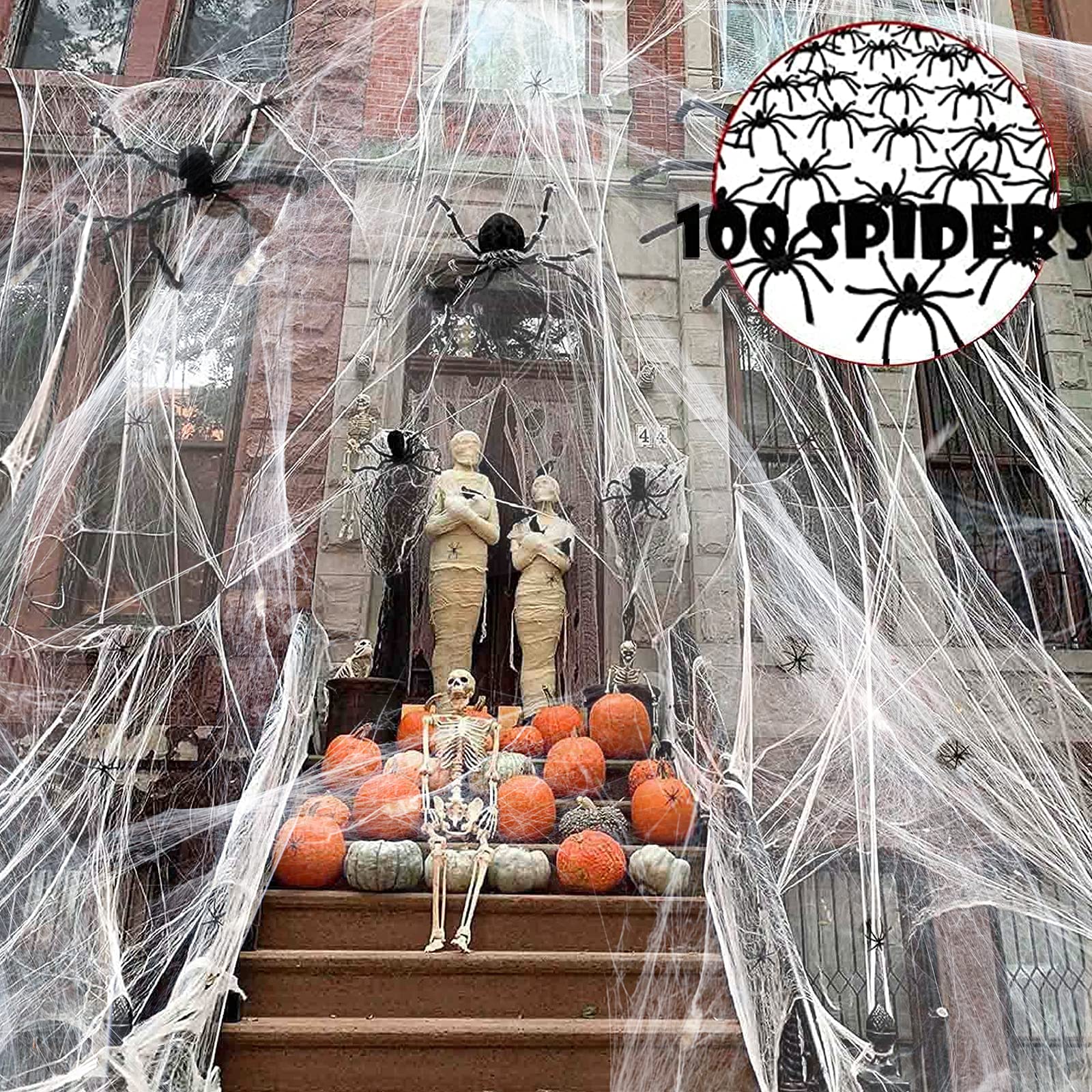 1200 sqft Spider Webs Halloween Decorations, Super Stretch Spider Web Cobwebs with 100 Plastic Fake Spiders Haunted House Yard Creepy Scene Props Indoor Outdoor Decor and Halloween Party Supplies (300g/10.58 oz)