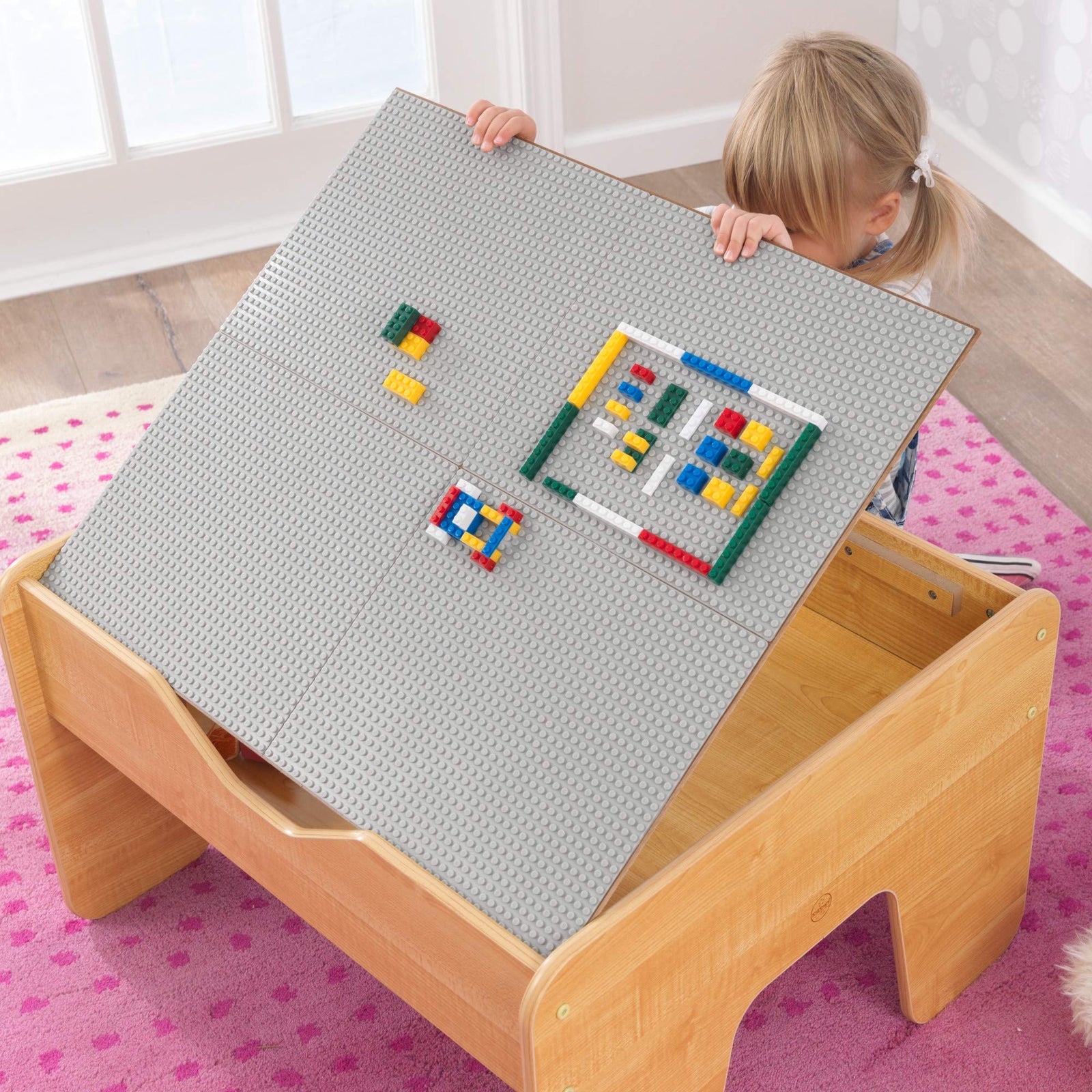KidKraft Reversible Wooden Activity Table with Board with 195 Building Bricks – Gray & Natural, Gift for Ages 3+