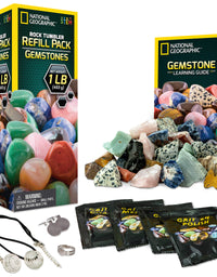 NATIONAL GEOGRAPHIC Rock Tumbler Refill Kit - Gemstone Mix of 9 varieties including Tiger's Eye, Amethyst and Quartz - Comes with 4 grades of Grit, Jewelry Fastenings and detailed Learning Guide
