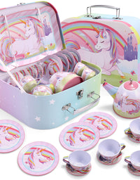 JOYIN Unicorn Castle Pretend Tin Teapot Set for Tea Party and Kids Kitchen Pretend Play
