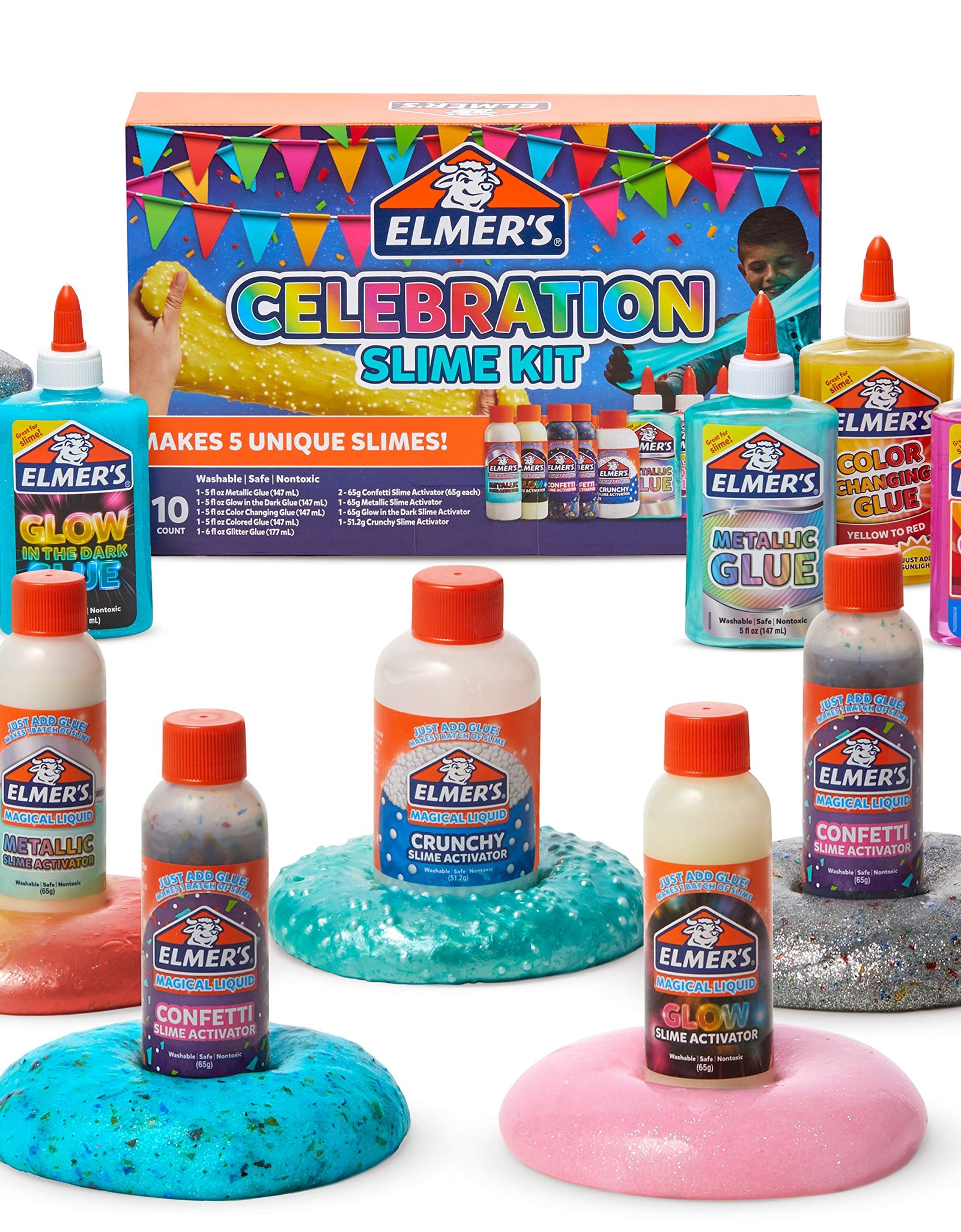 Elmer's Celebration Slime Kit | Slime Supplies Include Assorted Magical Liquid Slime Activators and Assorted Liquid Glues, 10 Count