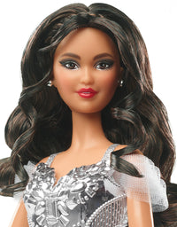 Barbie Signature 2021 Holiday Doll (12-inch, Brunette Hair) in Silver Gown, with Doll Stand and Certificate of Authenticity, Gift for 6 Year Olds and Up
