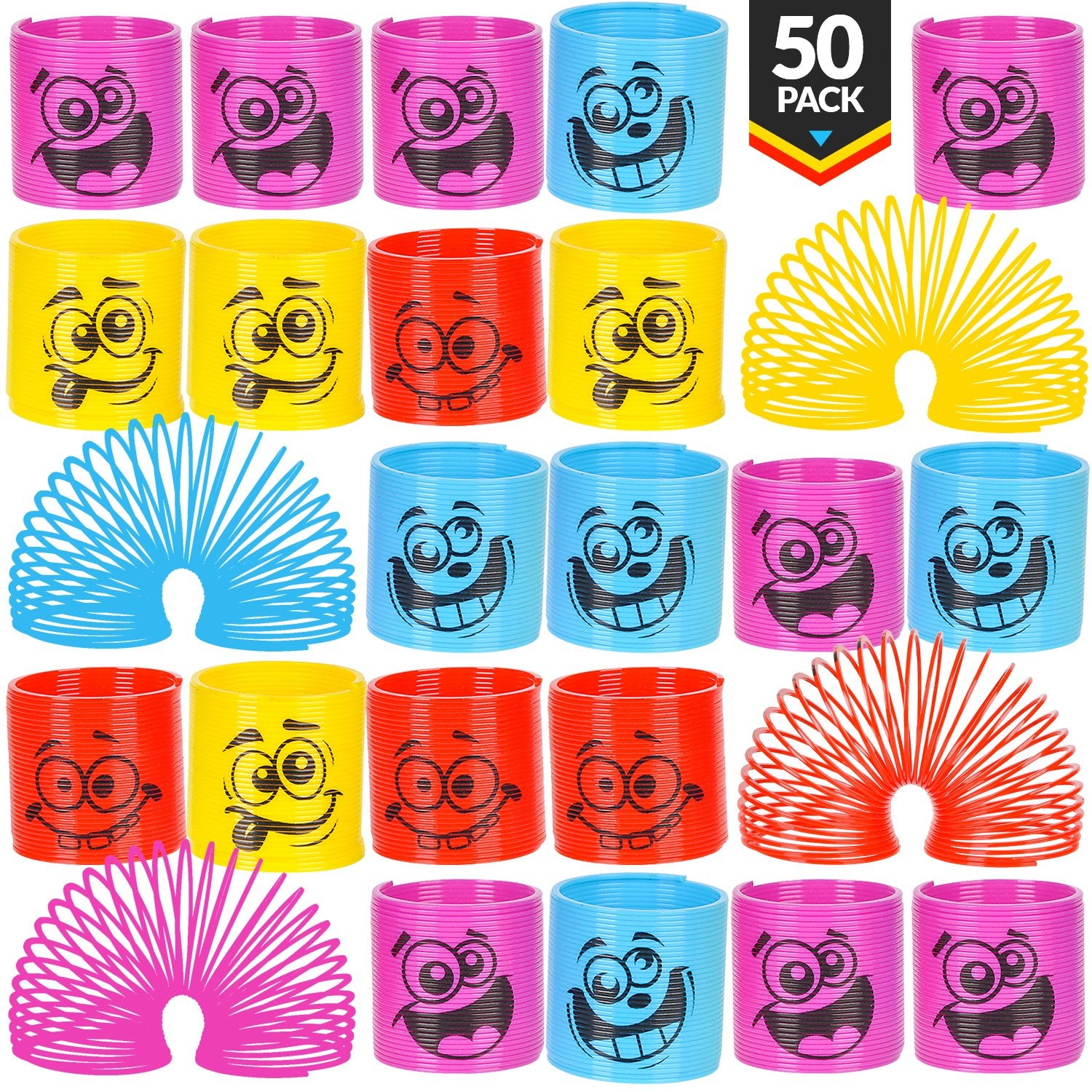 Mega Pack Of 50 Coil Springs - Assorted Emoji Silly Faces And Colors, Mini Spring Toy For Party Favor, Carnival Prize, Gift Bag Filler, Stocking Stuffers