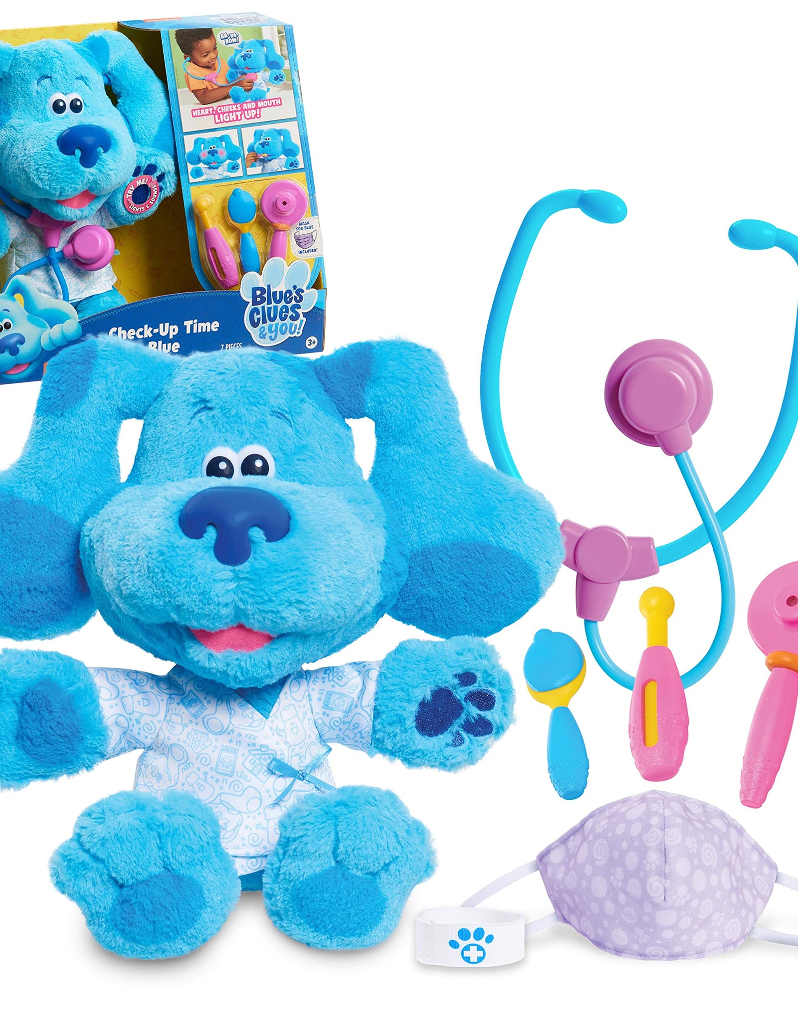 Blue's Clues & You! Check-Up Time Blue Lights and Sounds Interactive 13-Inch Plush, 7-Piece Pretend Play Doctor Set, by Just Play