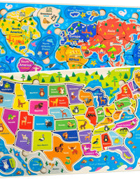 Wooden Puzzles for Kids Ages 4-8 by QUOKKA – 2 Toddler Educational Toys for 3-5-7 for Learning World and USA Map – Gift Toys for 4 5 Year Old Boys and Girls - Preschool Learning Jigsaws Game 6-8-10
