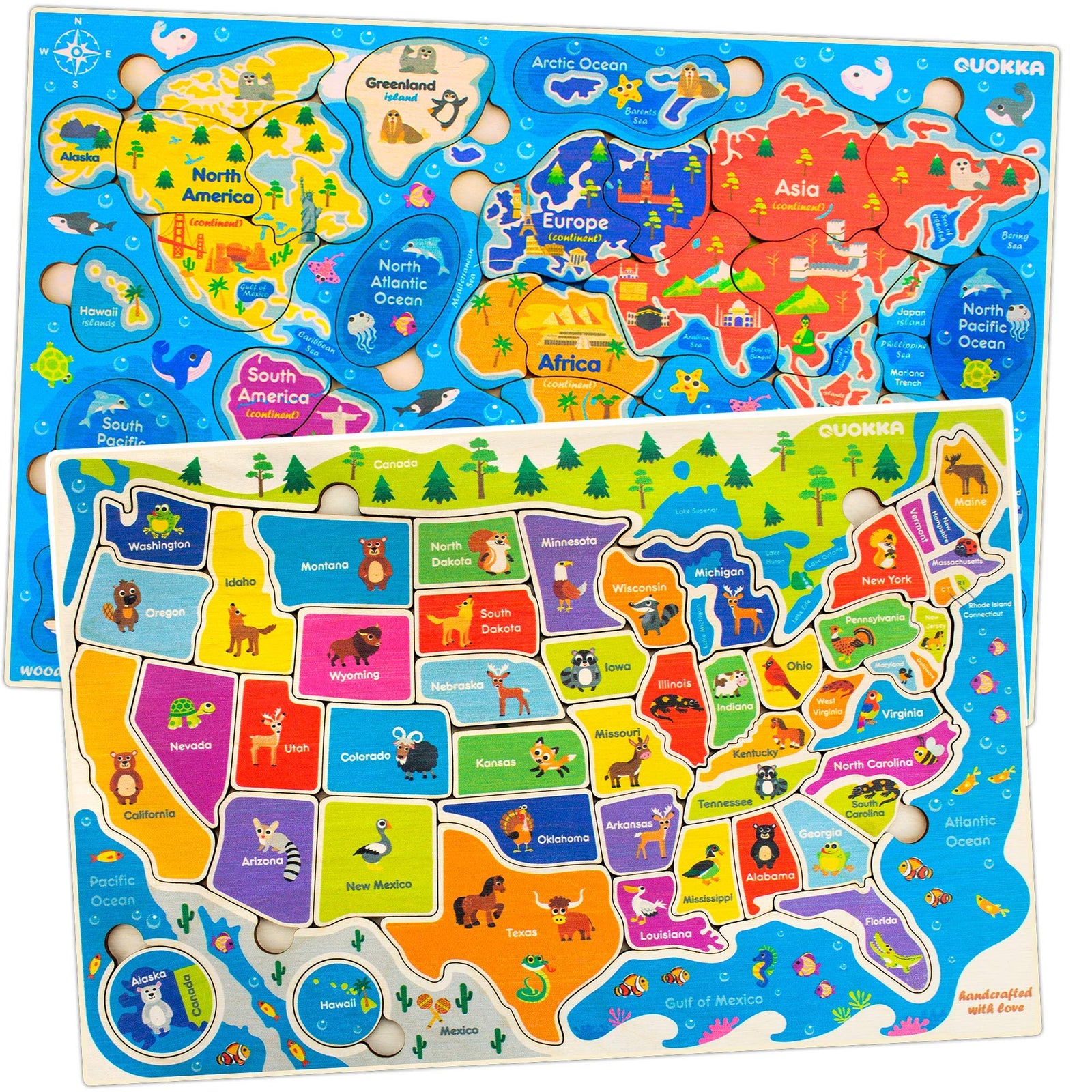 Wooden Puzzles for Kids Ages 4-8 by QUOKKA – 2 Toddler Educational Toys for 3-5-7 for Learning World and USA Map – Gift Toys for 4 5 Year Old Boys and Girls - Preschool Learning Jigsaws Game 6-8-10