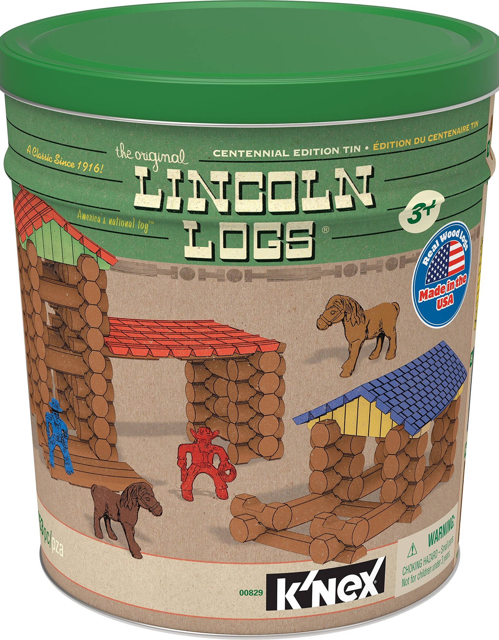 Lincoln Logs Centennial Edition Tin Amazon Exclusive-150+ Pieces-Real Wood-Ages 3+-Best Retro Building Gift Set for Boys/Girls-Creative Construction Engineering-Top Blocks Kit-Preschool Education Toy