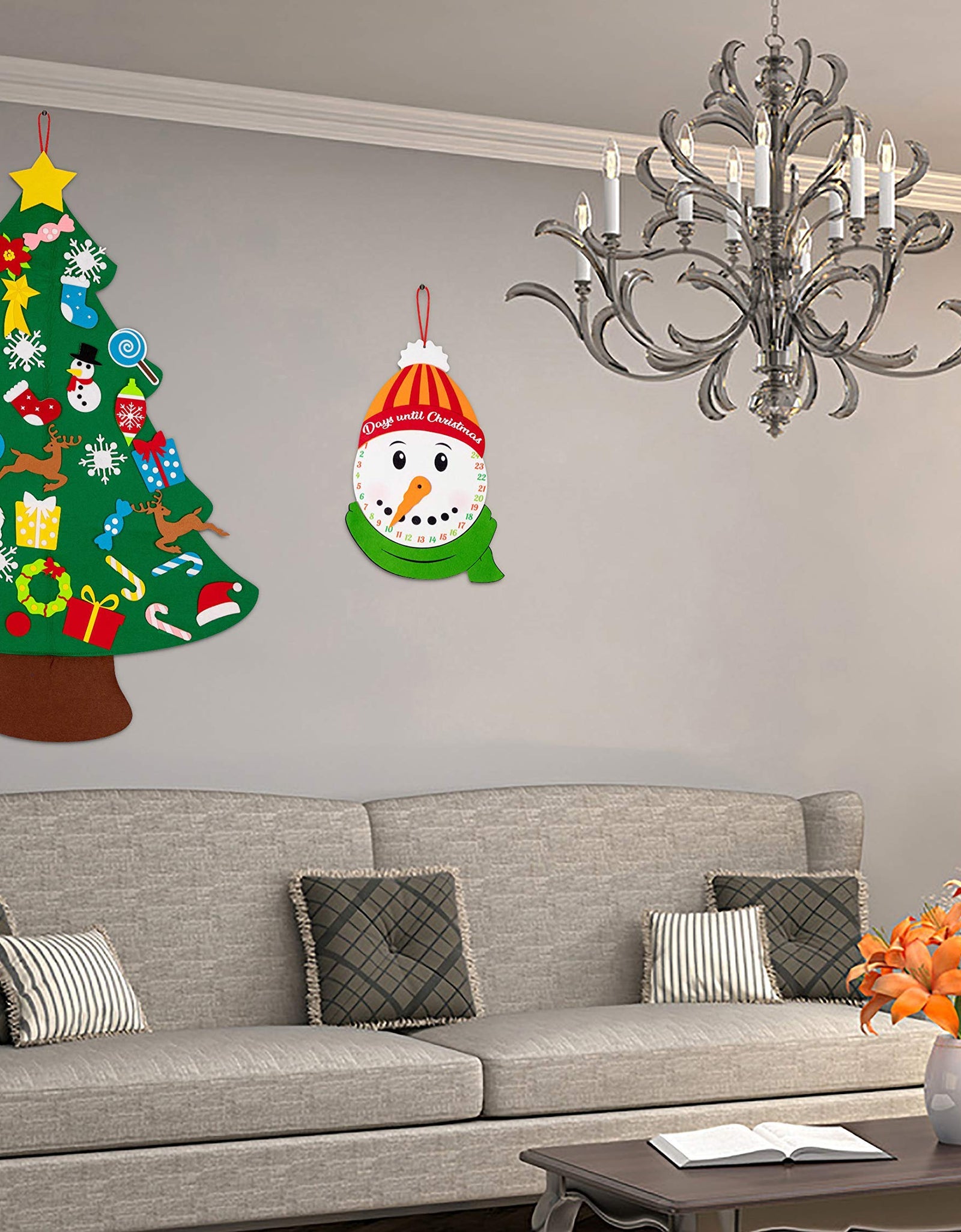 jollylife 3ft DIY Felt Christmas Tree Set Plus Snowman Advent Calendar - Xmas Decorations Wall Hanging 33 Ornaments Kids Gifts Party Supplies