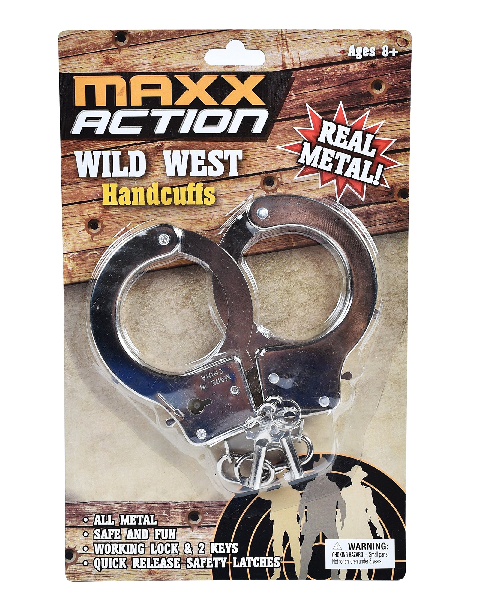 Sunny Days Entertainment Wild West Deluxe Toy Marshall Cuffs with Key – Western Handcuffs Role Play Toys | Cowboy Sheriff Police Costume for Kids | Two Keys with Safety Release – Maxx Action, Original Version, Basic pack