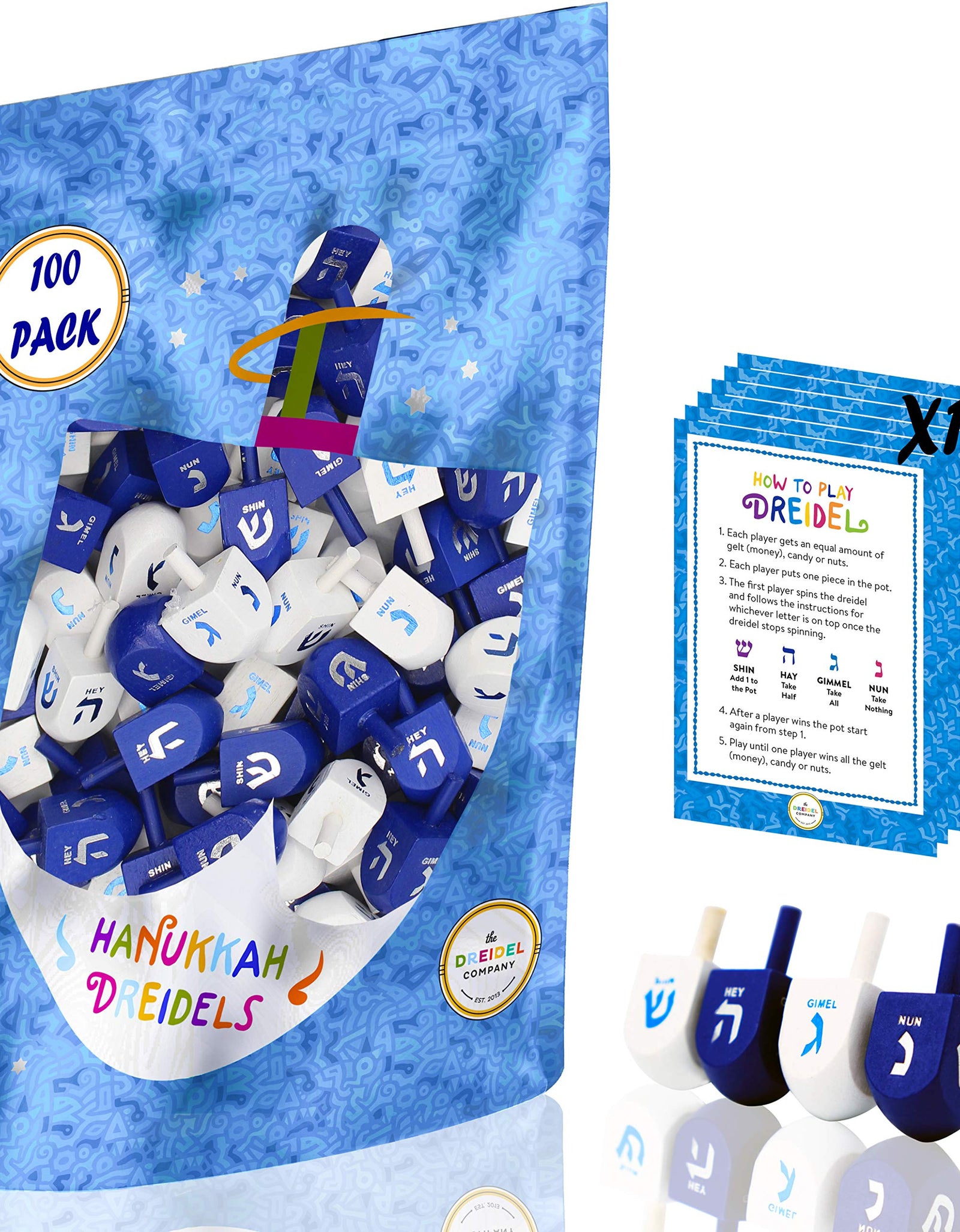 Hanukkah Dreidel Bulk Solid Blue & White Wooden Dreidels Hand Painted - Game Instructions Included! (4-Pack)