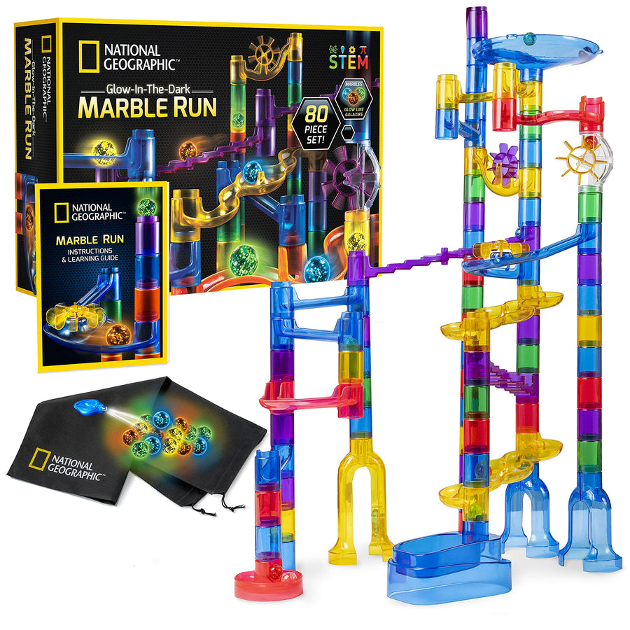 NATIONAL GEOGRAPHIC Glowing Marble Run – 80 Piece Construction Set with 15 Glow in the Dark Glass Marbles & Mesh Storage Bag, Educational STEM Toy, an AMAZON EXCLUSIVE Science Kit