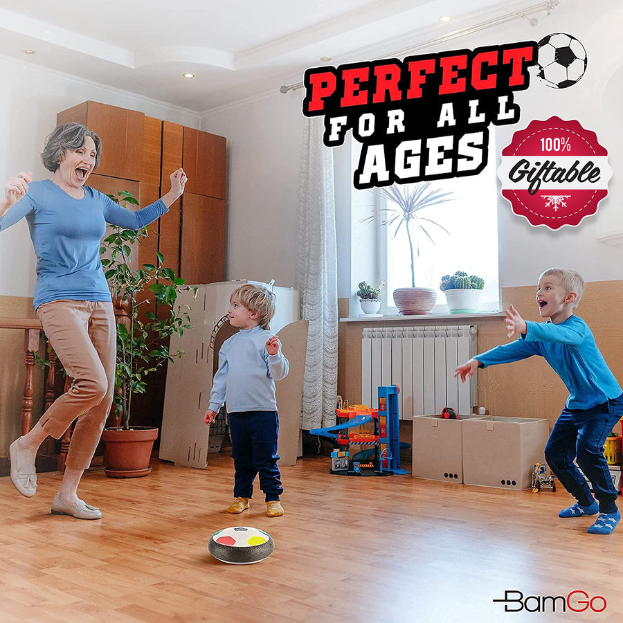 Hover Soccer Ball for Kids | Flashing Colored LED Lights | for Smooth Surfaces | New Football Toy, Indoor Battery Operated Air Floating Hovering Disc for Girls and Boys, Soft Foam Bumpers, Ages 3-13